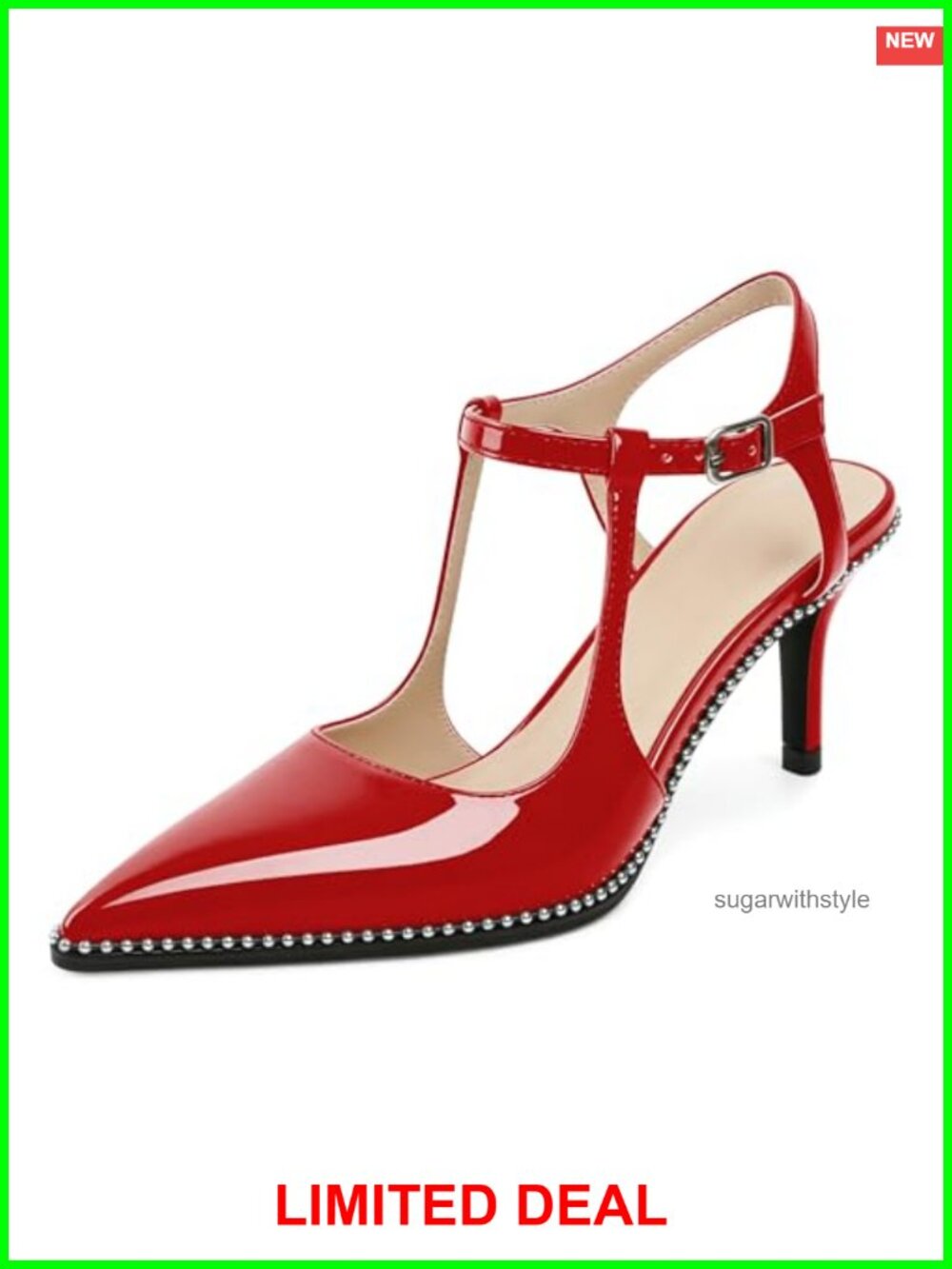 Patent Leather Kitten Heel Slingback Beaded Pointed Toe Ankle Strap Pumps 2.5"